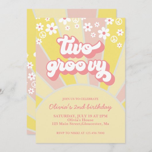 Invitation Retro Two Groovy Sunshine marguerite bohème floral (Devant / Derrière)