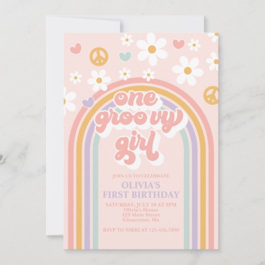 Invitation Retro Une Super fille Arc-en-ciel 1er anniversaire (Devant)