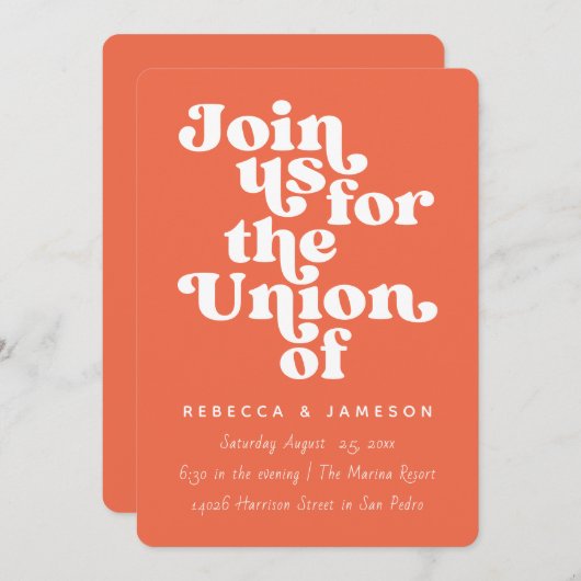 Invitation Retro Union Persimmon Orange Mariage (Devant / Derrière)