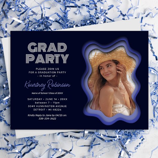 Invitation Retro Vague Bleu violet fête de graduation photo