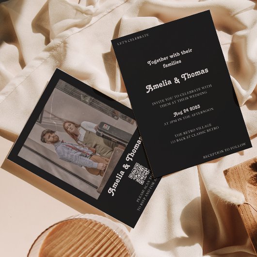 Invitation Retro Vibes Black Photo QR Code Mariage