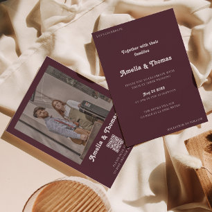 Invitation Retro Vibes Bourgogne Photo QR Code Mariage