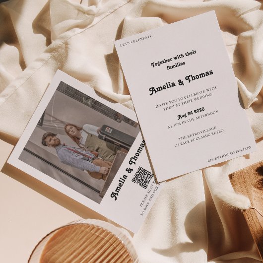 Invitation Retro Vibes Classic Photo QR Code Mariage