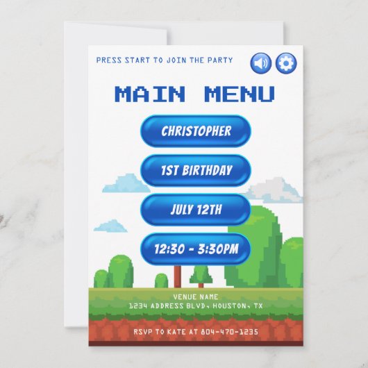 Invitation Retro Video Game Menu 1ère fête d'anniversaire (Devant)