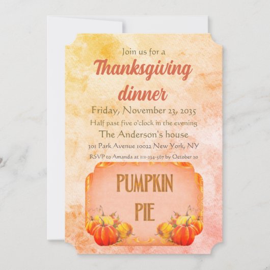 Invitation Retro Vieux Citrouille Pie Rustique Thanksgiving D (Devant)