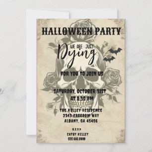 Invitation Retro Vintage Goth Dead Crâne Rose Halloween Party