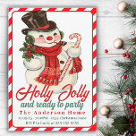Invitation Retro Vintage Holly Jolly Snowman Noël personnalis<br><div class="desc">Cette invitation de Noël vintage du milieu du siècle présente un bonhomme de neige joyeux en haut du chapeau, un foulard et portant un sucre de canne avec les mots "Holly Jolly et prêt à faire la fête" avec une bordure de sucre de canne rouge et blanc éclatant et le...</div>