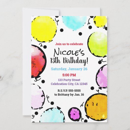 Invitation Retro Vintage Pop Art Comic Ballons Anniversaire (Devant)