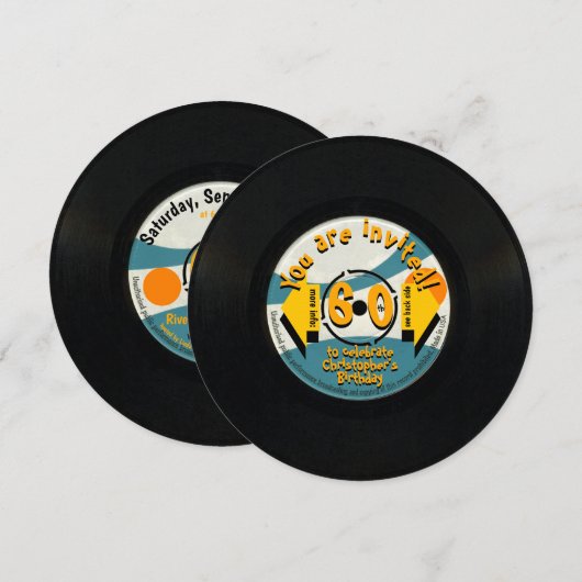 Invitation Retro Vinyl Record 60e Anniversaire Fête Round Inv (Devant / Derrière)