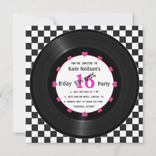 Invitation Rétro Vinyl Record l Modern Sweet 16 B'day (Devant)