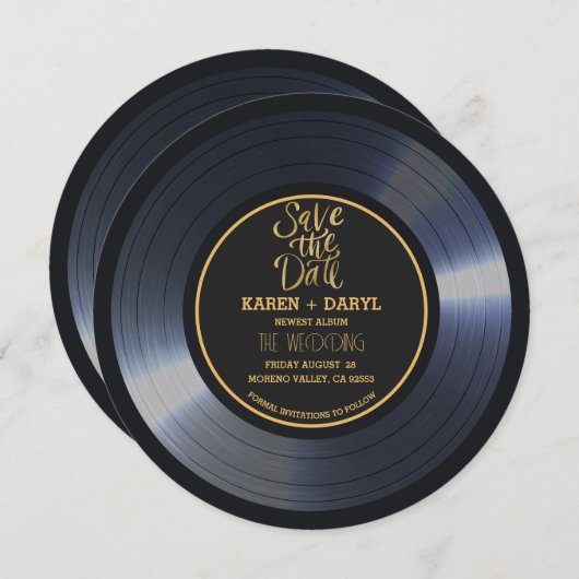 Invitation Retro Vinyl Record Noir Mariage Enregistrer la Dat (Devant / Derrière)