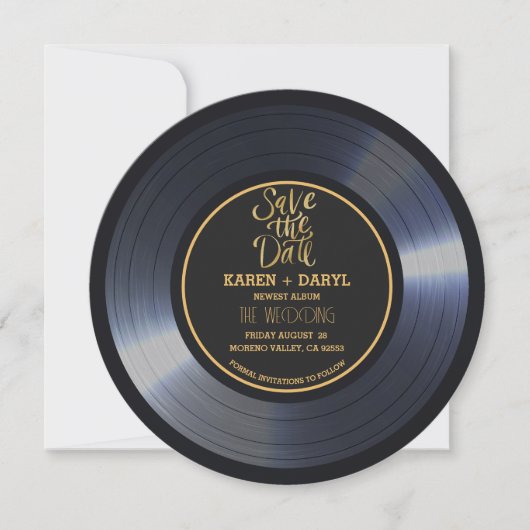 Invitation Retro Vinyl Record Noir Mariage Enregistrer la Dat (Devant)