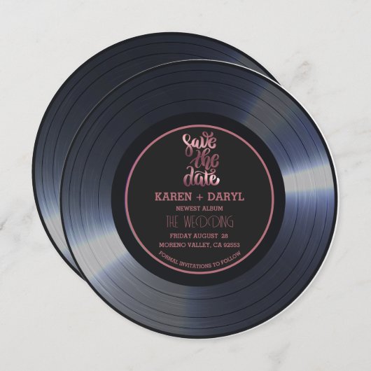 Invitation Retro Vinyl Record Noir Mariage Enregistrer la Dat (Devant / Derrière)
