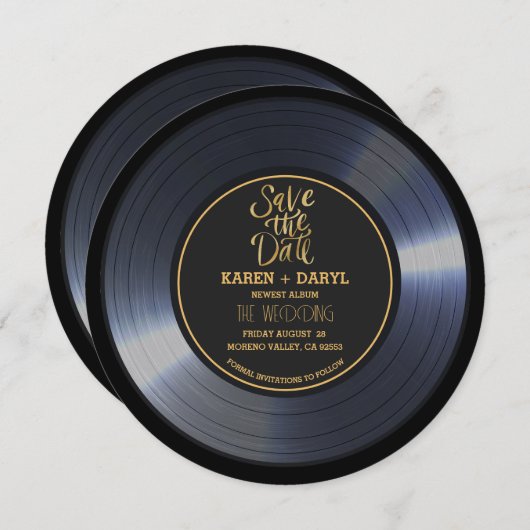 Invitation Retro Vinyl Record Noir Mariage Enregistrer la Dat (Devant / Derrière)