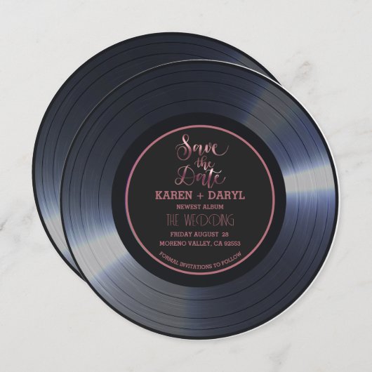 Invitation Retro Vinyl Record Noir Mariage Enregistrer la Dat (Devant / Derrière)