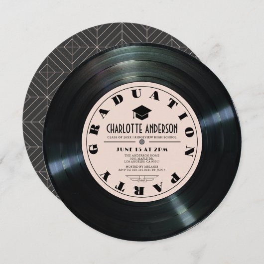 Invitation Retro Vinyl Record Pink Graduation (Devant / Derrière)