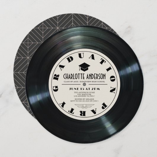Invitation Retro Vinyl Record Tan Graduation (Devant / Derrière)