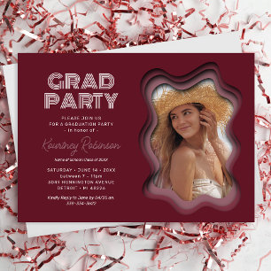 Invitation Retro Wave Burgundy Photo Graduation Party