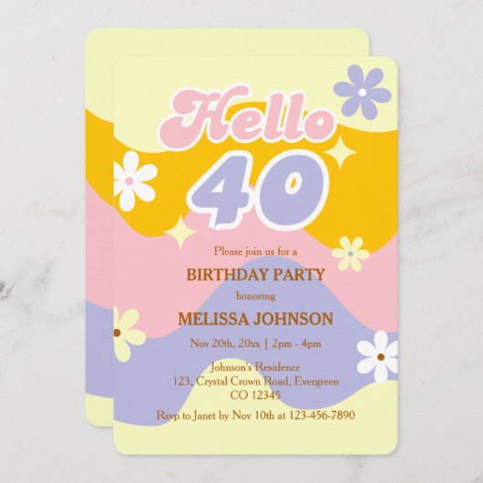 Invitation Retro Wave Groovy Flower Hello 40th Birthday  (Devant / Derrière)