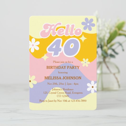 Invitation Retro Wave Groovy Flower Hello 40th Birthday  (Debout devant)
