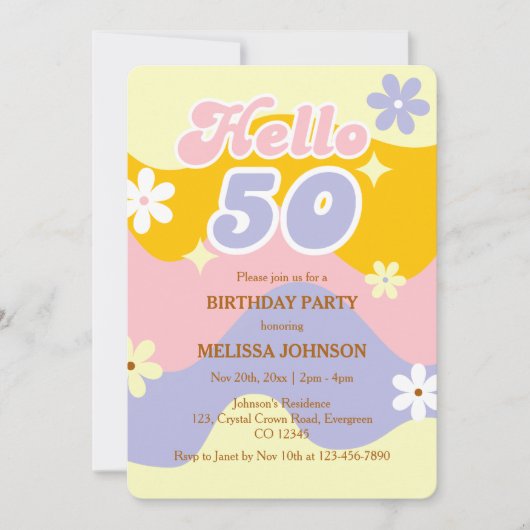 Invitation Retro Wave Groovy Flower Hello 50th Birthday  (Devant)