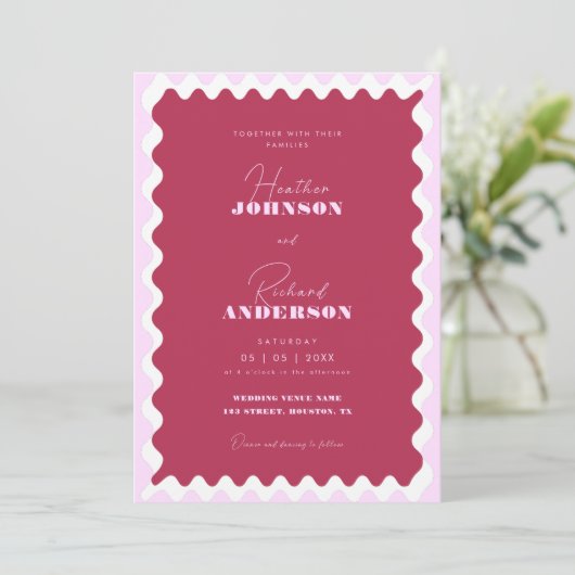 Invitation Retro Wave Magenta Pink Modern Script Bold Mariage (Debout devant)