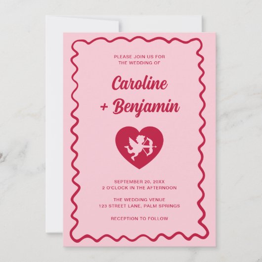 Invitation Retro Wavy Frame Red Pink Cupid Heart Wedding (Devant)