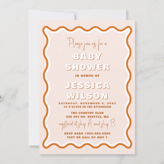Invitation Retro Wavy Terracotta Baby shower neutre genre (Devant)