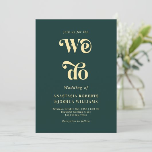 Invitation Retro We Do Emerald Green & Gold QR Code Mariage (Debout devant)