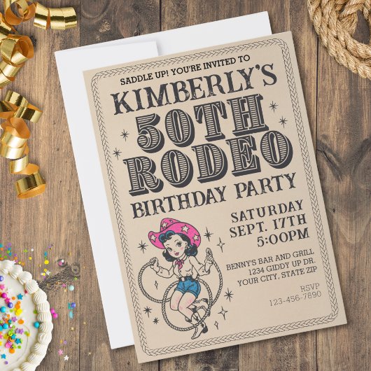 Invitation Retro Western Cowgirl 50e fête d'anniversaire