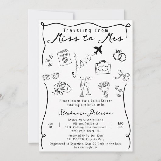 Invitation Retro Whimsical Miss à Mme QR Code Fête des mariée (Devant)
