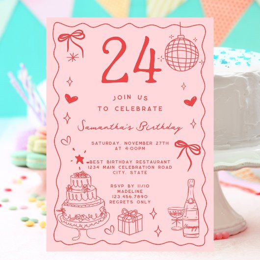 Invitation Retro Whimsical Quirky Red Pink 24e anniversaire