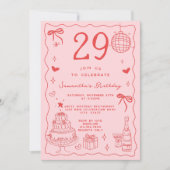 Invitation Retro Whimsical Quirky Red Pink 29e anniversaire (Devant)