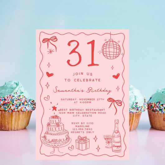Invitation Retro Whimsical Quirky Red Pink 31e anniversaire
