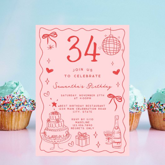 Invitation Retro Whimsical Quirky Red Pink 34e anniversaire