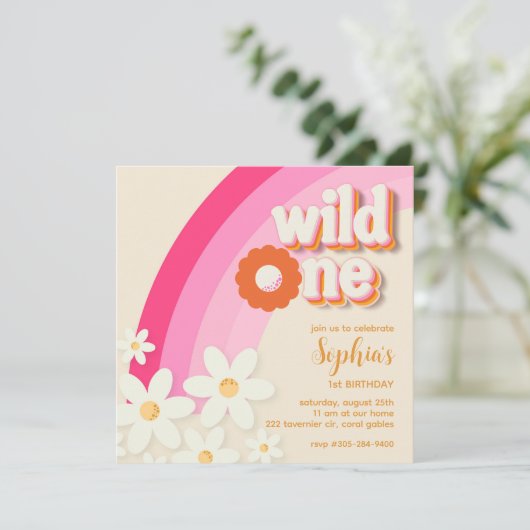 Invitation Retro Wild One Daisy Anniversaire rose (Debout devant)