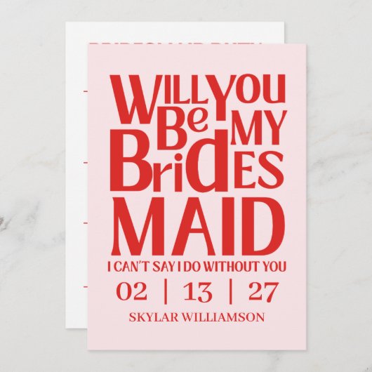 Invitation Retro Will You Be My Bridesmaid Red Pink (Devant / Derrière)