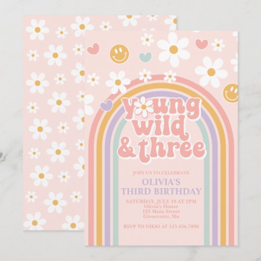 Invitation Retro Young Wild et Trois Arc-en-ciel 3e anniversa (Devant / Derrière)