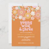 Invitation Retro Young Wild Three Floral premier anniversaire (Devant)