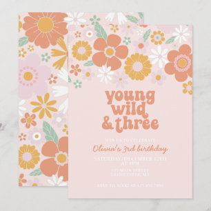 Invitation Retro Young Wild Trois Floral 3e anniversaire