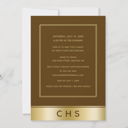 Invitation Réunion 10e classe de script brun or élégant (Dos)