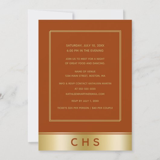 Invitation Réunion de 10e classe de script doré orange élégan (Dos)