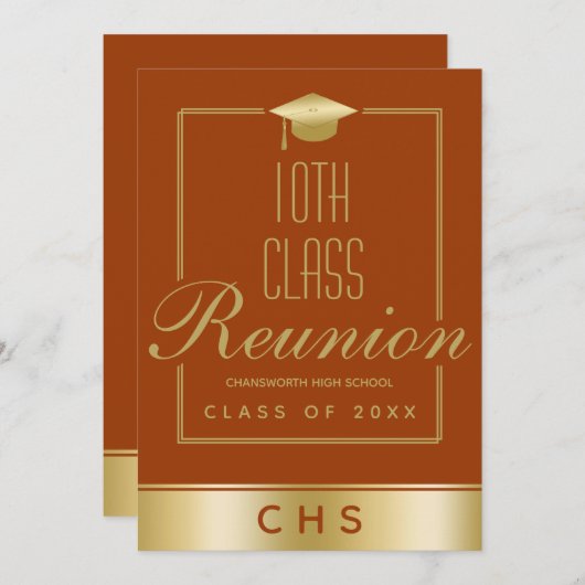 Invitation Réunion de 10e classe de script doré orange élégan (Devant / Derrière)