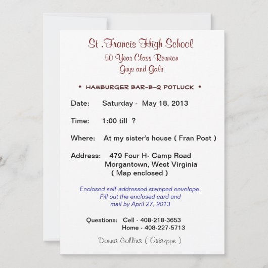 Invitation Réunion de 50 ans (Dos)