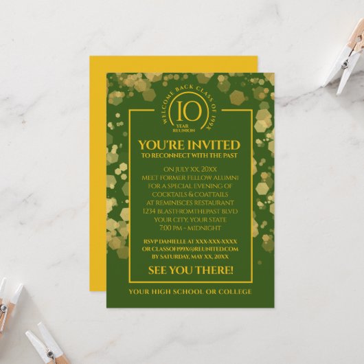Invitation Réunion de classe Green & Gold (Devant/Arrière en situation)