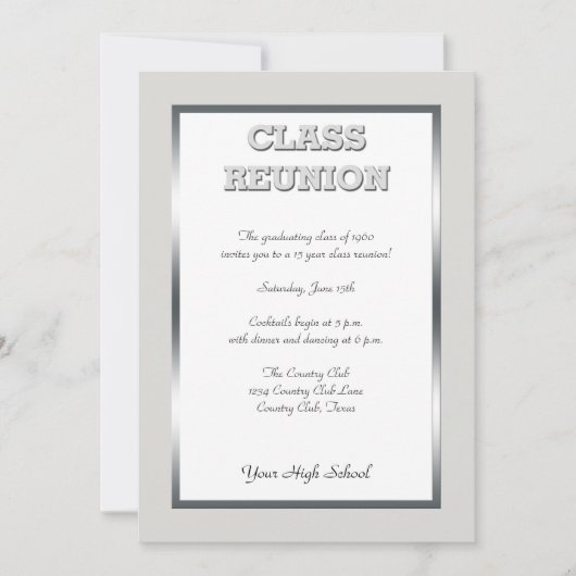 Invitation Réunion de classe secondaire en argent et blanc (Devant)