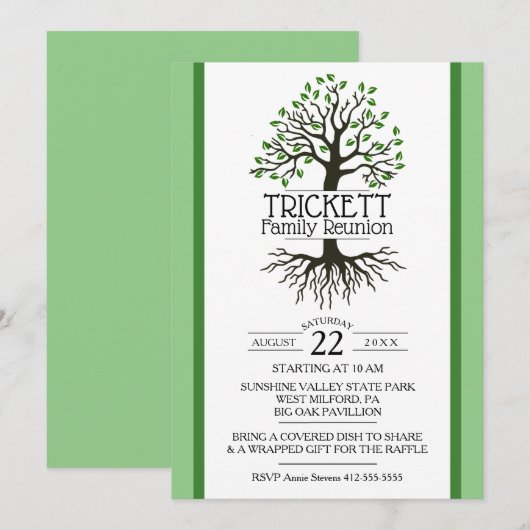 Invitation Réunion de la famille Sage Green Tree (Devant / Derrière)