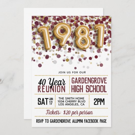 Invitation Réunion de l'école secondaire en 1981 (Devant / Derrière)