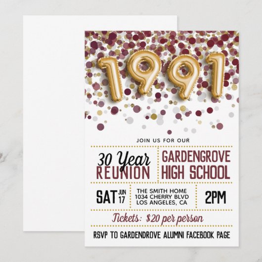 Invitation Réunion de l'école secondaire en 1991 (Devant / Derrière)