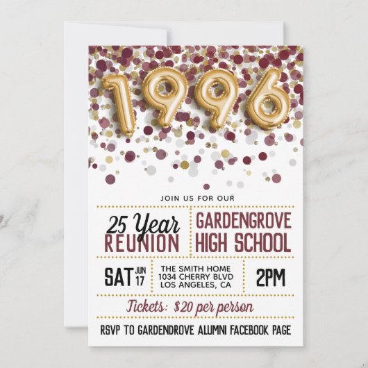 Invitation Réunion de l'école secondaire en 1996 (Devant)